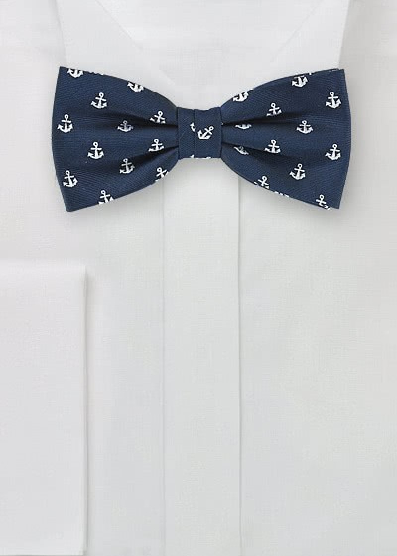 Noeud papillon bleu marine motif ancre blanche