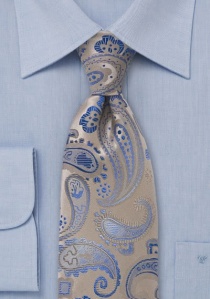 Cravate beige motif cachemire bleu ciel