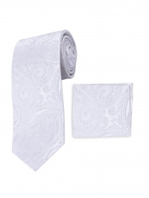 Set cravate et foulard blanc motif paisley uni