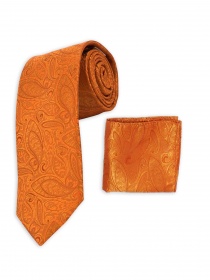 Set cravate et foulard orange motif paisley uni