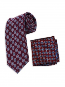 Cravate et pochette rouge foncé bleu tourterelle
