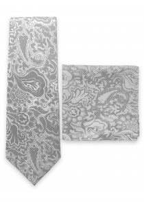 Composition cravate et pochette motif paisley gris