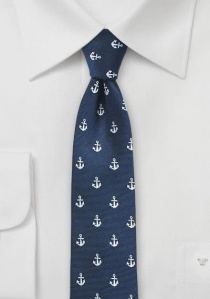 Cravate étroite bleu marine motif ancre blanche