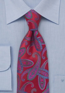 Cravate rouge imprimé cachemire bleu