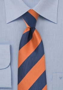 Cravate bleu foncé et orange à rayures