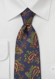 Cravate bleu foncé dessin cachemire rouge