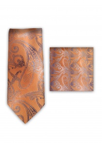 Set cravate business foulard motif paisley orange