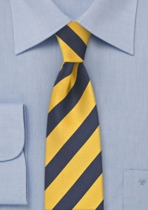 Cravate étroite jaune rayée en bleu foncé