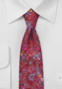 Cravate slim rouge fleurs soie