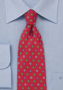 Cravate rouge cerise fleurs vertes et bleues