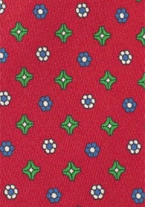 Cravate rouge cerise fleurs vertes et bleues