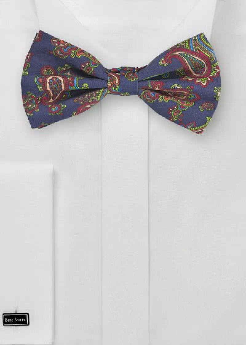 Noeud papillon bleu foncé dessin cachemire rouge