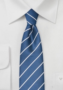 Cravate étroite bleu bleuet rayée blanc