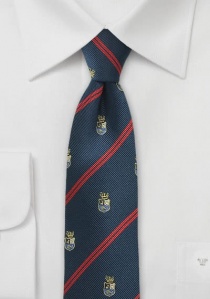 Cravate bleu nuit motif armoiries ligne rouge