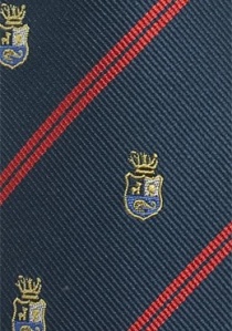 Cravate bleu nuit motif armoiries ligne rouge