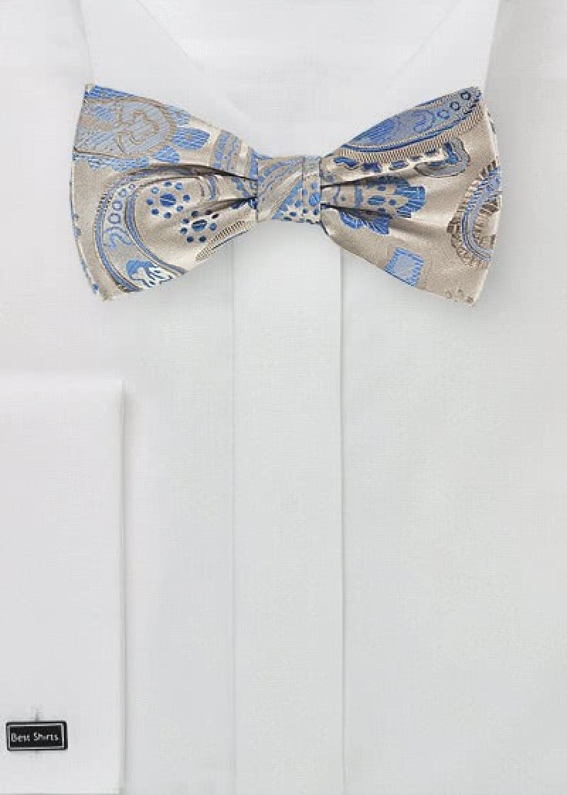 Noeud papillon crème dessin cachemire bleu