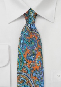 Cravate orange motif cachemire bleu