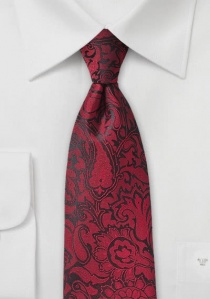 Cravate rouge cerise motif fleuri sur fond noir