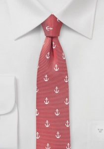 Cravate rouge corail étroite motif ancre blanche
