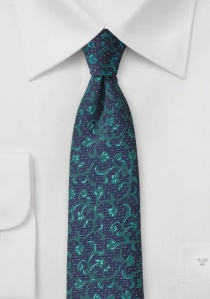 Cravate bleu foncé dessin végétal vert-bleu