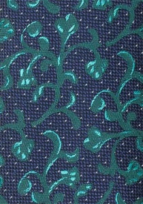 Cravate bleu foncé dessin végétal vert-bleu