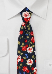 Cravate coton motif floral bleu marine
